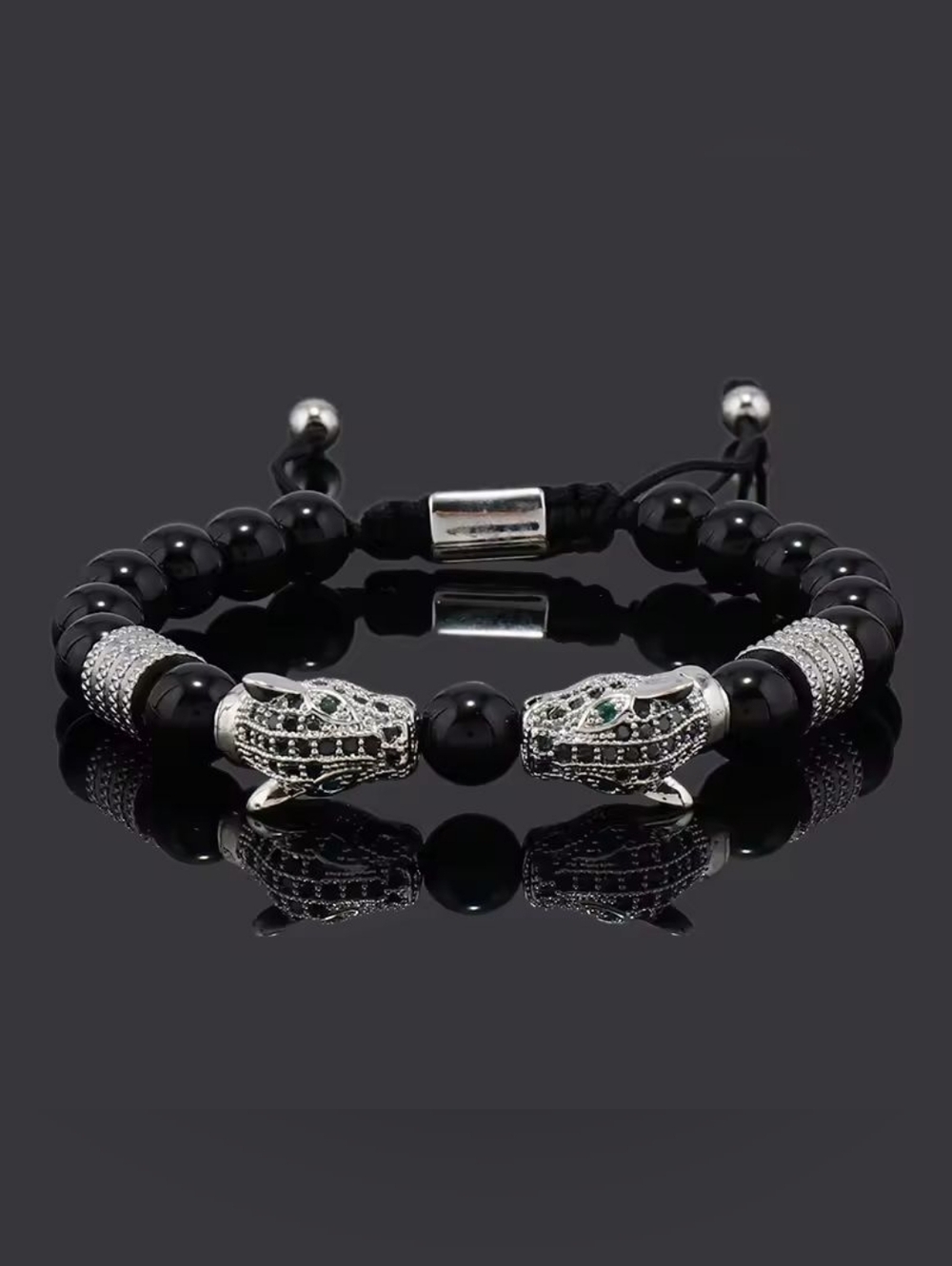 Men’s Black Bead Bracelet with Silver Lion Heads